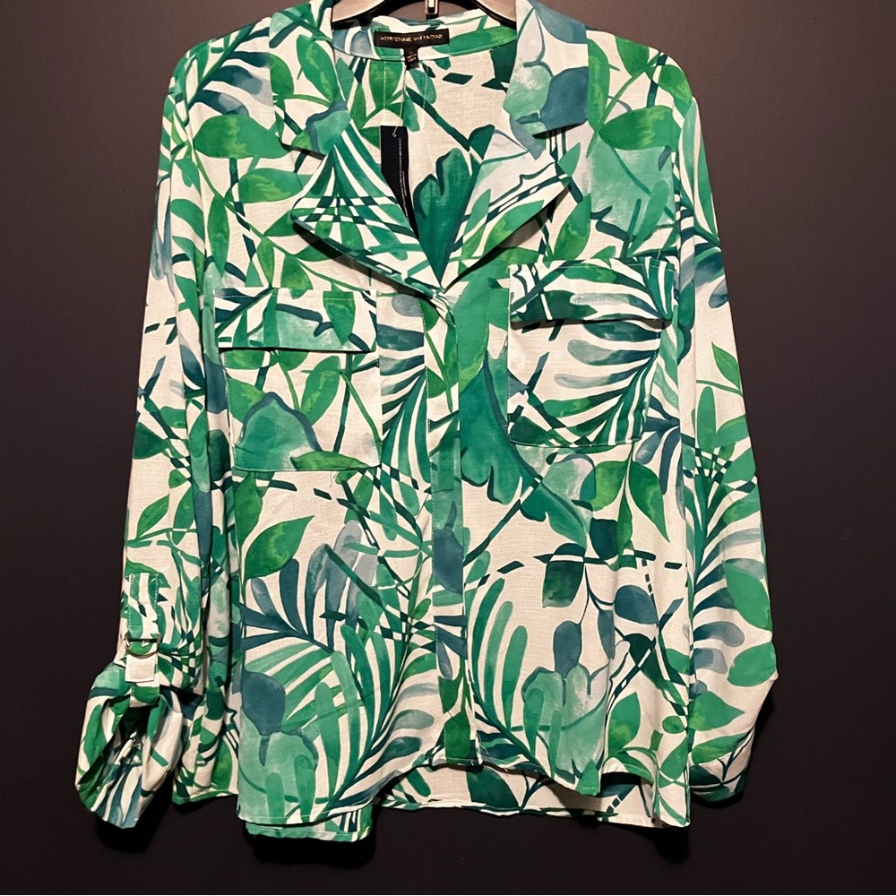 NEW Adrienne Vittadini Green Leaf Print Blouse Dress Shirt Womens 2X